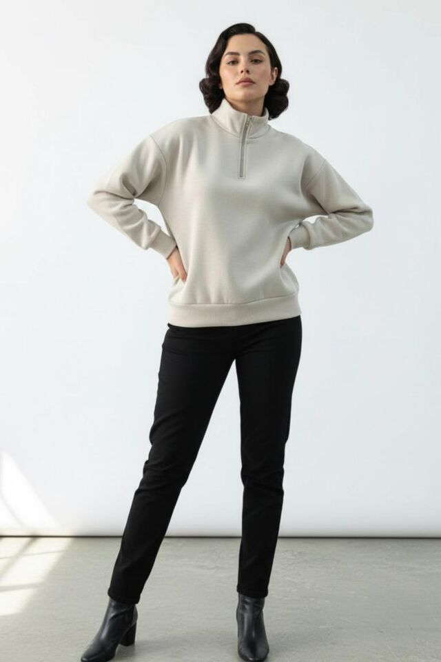 Balenbi Kadın 3 İplik İçi Polarlı Yarım Fermuarlı Oversize Sweatshirt 1112 S - Bej