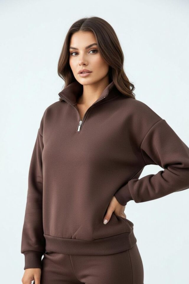Balenbi Kadın 3 İplik İçi Polarlı Yarım Fermuarlı Oversize Sweatshirt 1112 S - Kahverengi