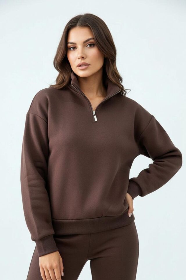 Balenbi Kadın 3 İplik İçi Polarlı Yarım Fermuarlı Oversize Sweatshirt 1112 S - Kahverengi