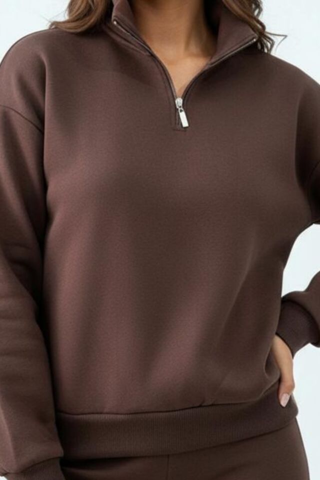 Balenbi Kadın 3 İplik İçi Polarlı Yarım Fermuarlı Oversize Sweatshirt 1112 S - Kahverengi