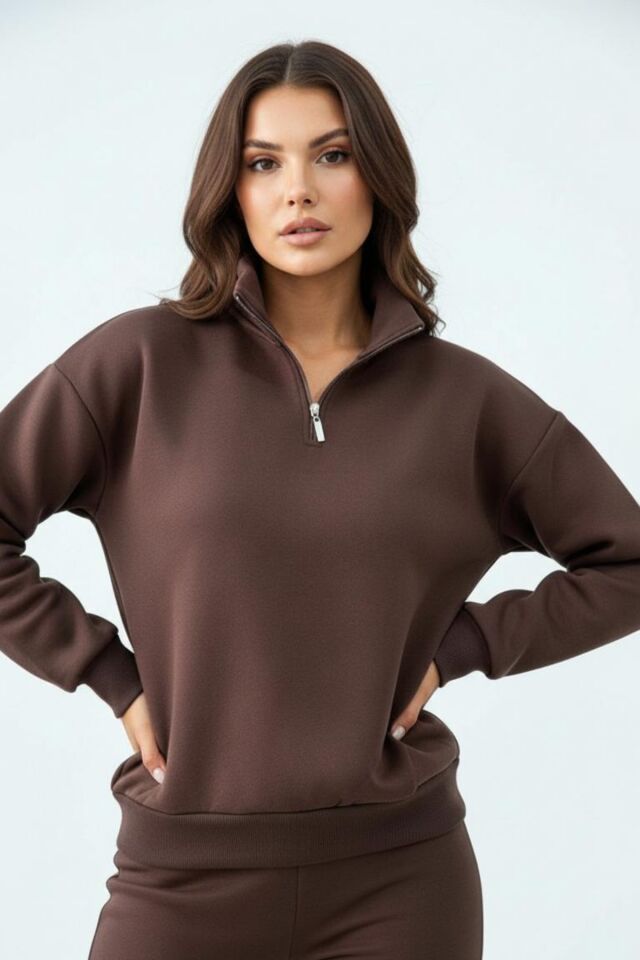 Balenbi Kadın 3 İplik İçi Polarlı Yarım Fermuarlı Oversize Sweatshirt 1112 S - Kahverengi