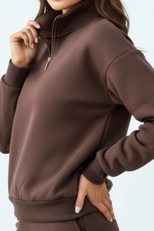 Balenbi Kadın 3 İplik İçi Polarlı Yarım Fermuarlı Oversize Sweatshirt 1112 S - Kahverengi