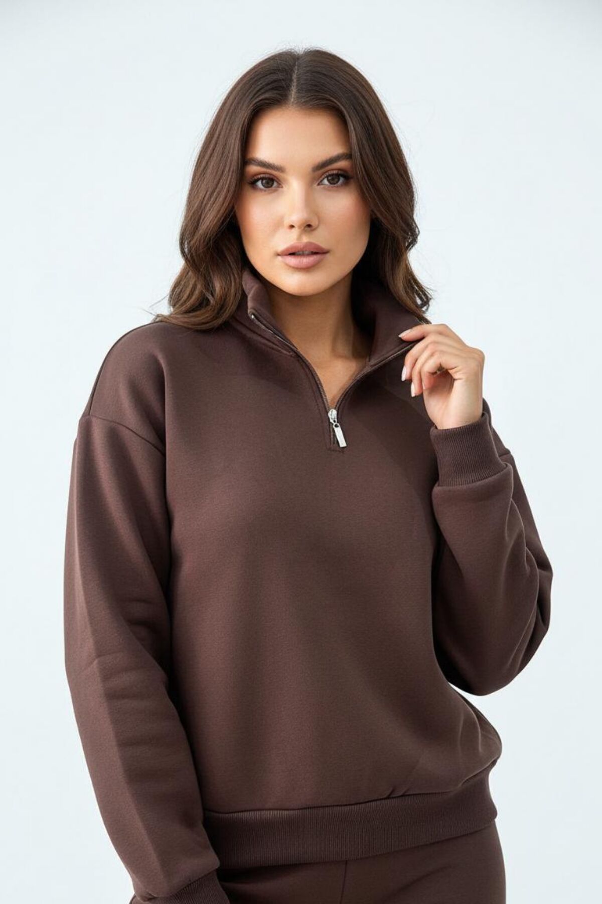 Balenbi Kadın 3 İplik İçi Polarlı Yarım Fermuarlı Oversize Sweatshirt 1112 S - Kahverengi