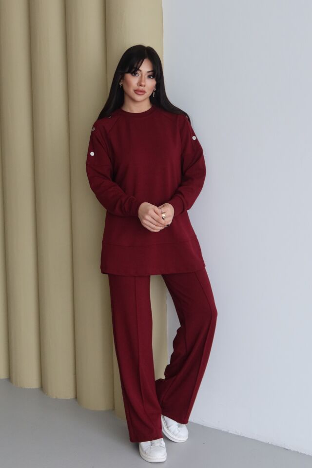 Balenbi Omuz Çıtçıt Detaylı Bisiklet Yaka Oversize Modal Tesettür Takım 1178 S - Bordo