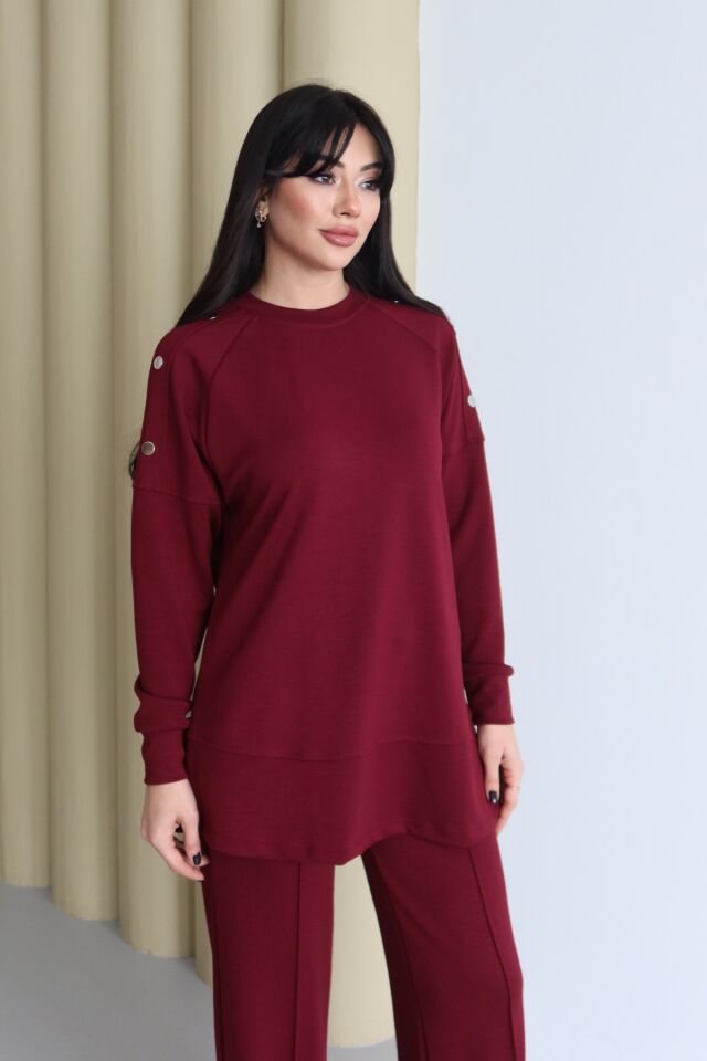 Balenbi Omuz Çıtçıt Detaylı Bisiklet Yaka Oversize Modal Tesettür Takım 1178 S - Bordo