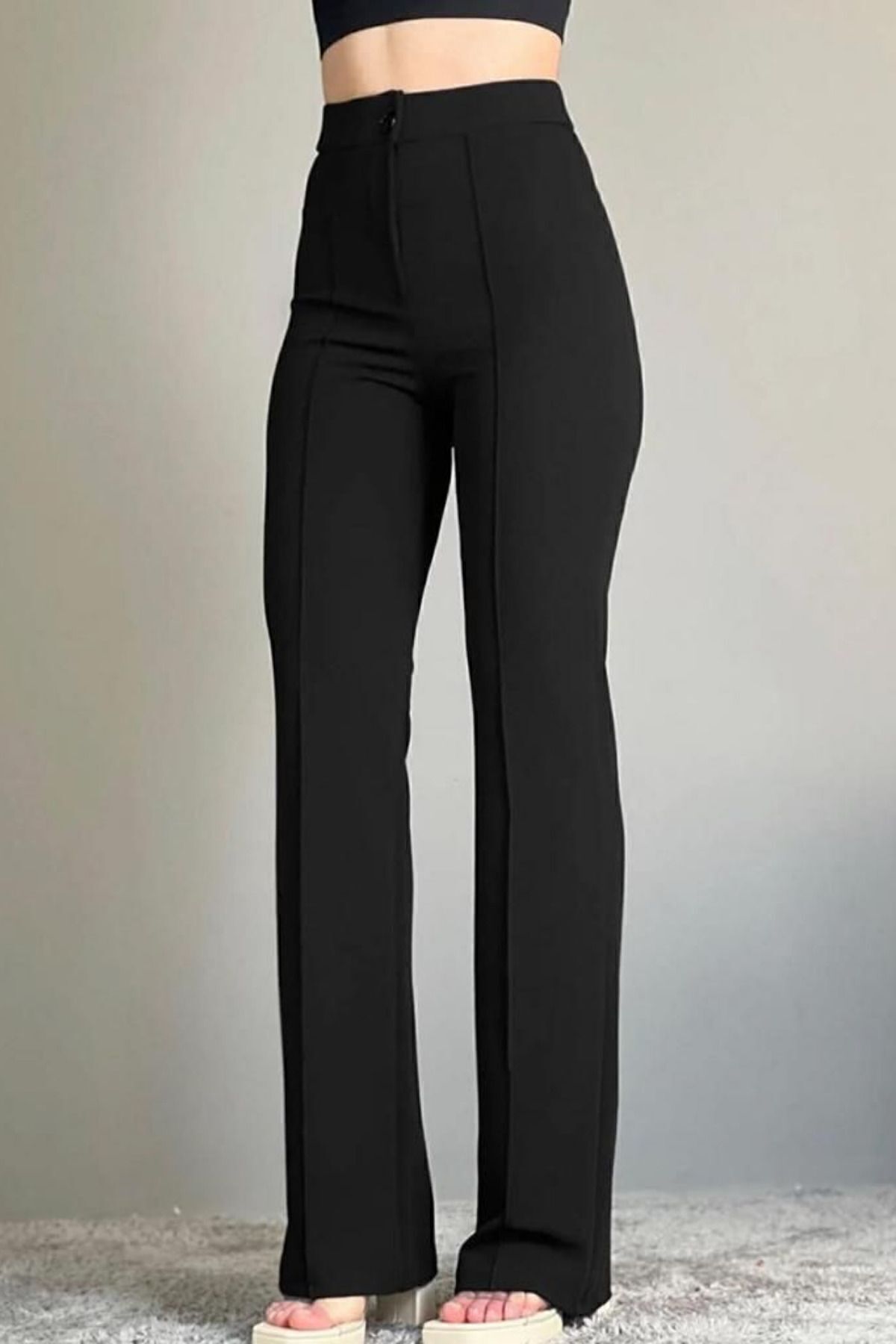 Balenbi 1079 Kadın Bej Yüksek Bel Toparlayıcı Ispanyol Paça Palazzo Pantolon 38 - Siyah