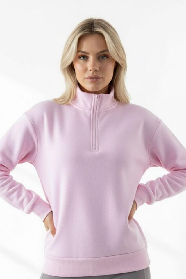 Balenbi Kadın 3 İplik İçi Polarlı Yarım Fermuarlı Oversize Sweatshirt 1112 S - Pembe