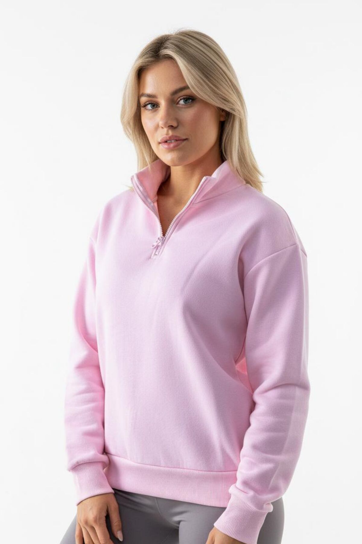 Balenbi Kadın 3 İplik İçi Polarlı Yarım Fermuarlı Oversize Sweatshirt 1112 S - Pembe