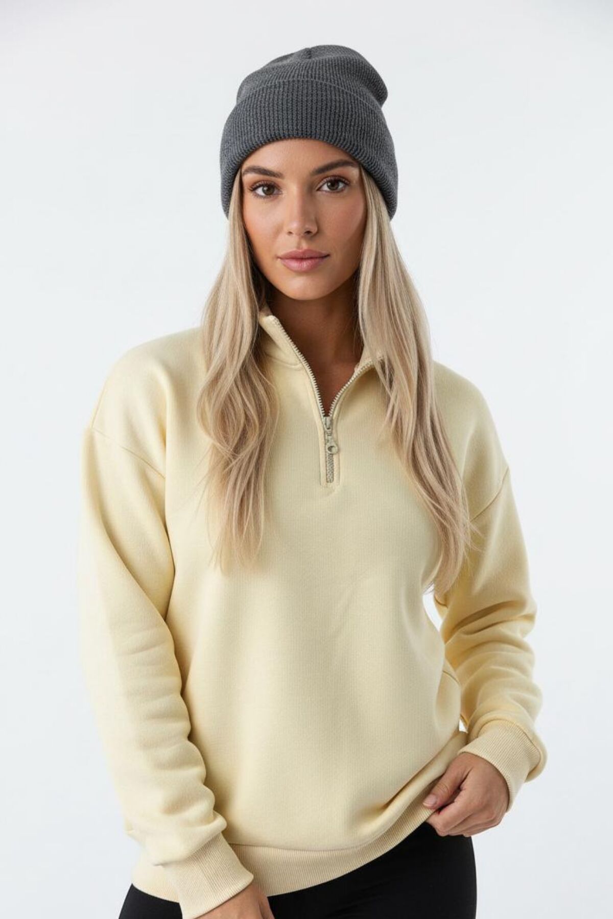 Balenbi Kadın 3 İplik İçi Polarlı Yarım Fermuarlı Oversize Sweatshirt 1112 S - Sarı