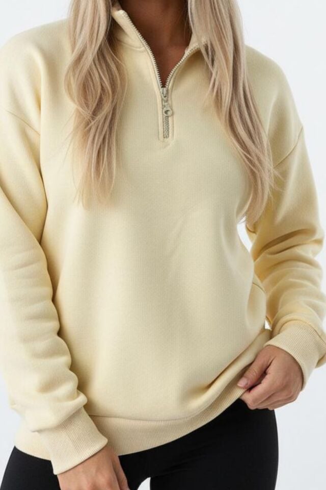 Balenbi Kadın 3 İplik İçi Polarlı Yarım Fermuarlı Oversize Sweatshirt 1112 Sarı - S