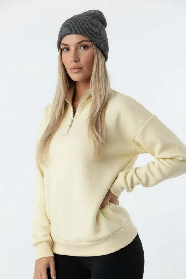 Balenbi Kadın 3 İplik İçi Polarlı Yarım Fermuarlı Oversize Sweatshirt 1112 S - Sarı