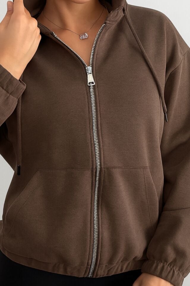 Balenbi Premium Modal Kumaş Kapüşonlu Kadın Hırka 1149 Kahverengi - L