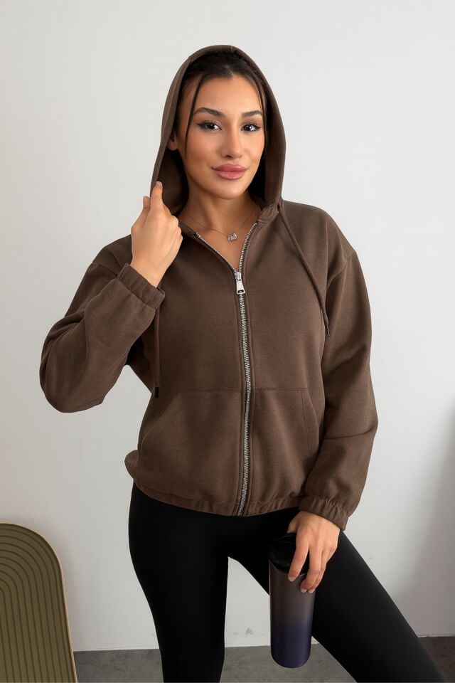 Balenbi Premium Modal Kumaş Kapüşonlu Kadın Hırka 1149 L - Kahverengi