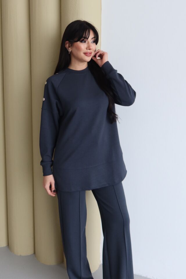 Balenbi Omuz Çıtçıt Detaylı Bisiklet Yaka Oversize Modal Tesettür Takım 1178 M - Füme