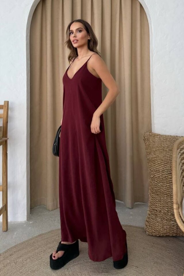 Balenbi Kadın Aerobin Kumaş Ayarlanabilir Askılı Uzun Elbise 1099 Bordo - M