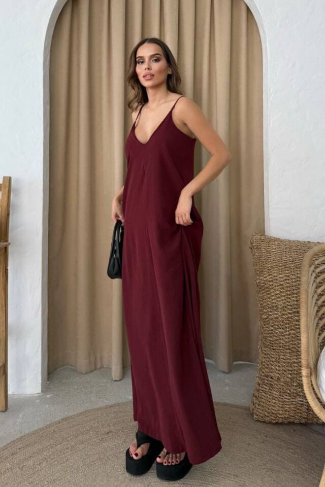 Balenbi Kadın Aerobin Kumaş Ayarlanabilir Askılı Uzun Elbise 1099 Bordo - M