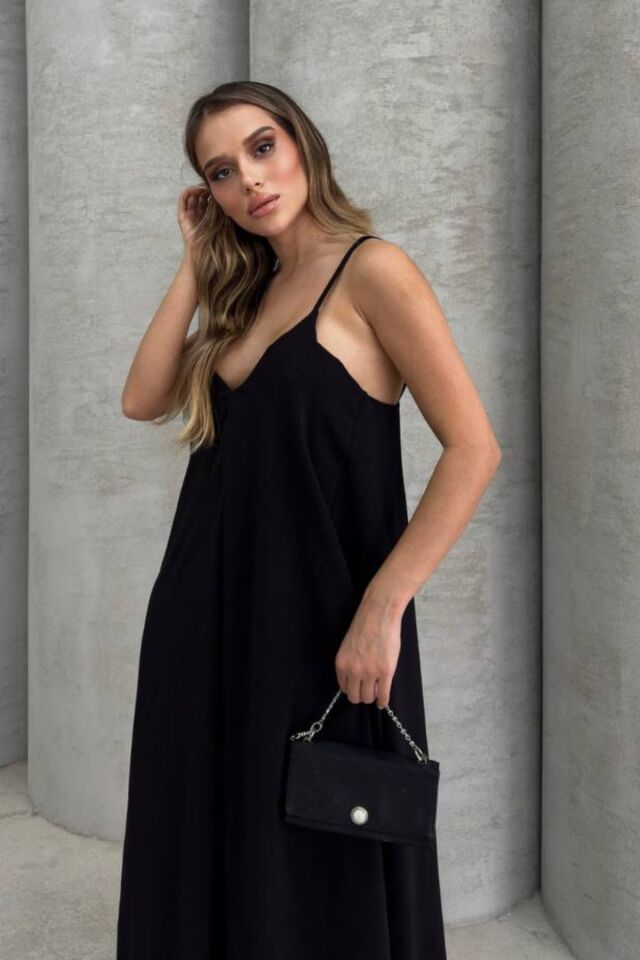 Balenbi Kadın Aerobin Kumaş Ayarlanabilir Askılı Uzun Elbise 1099 S - Siyah