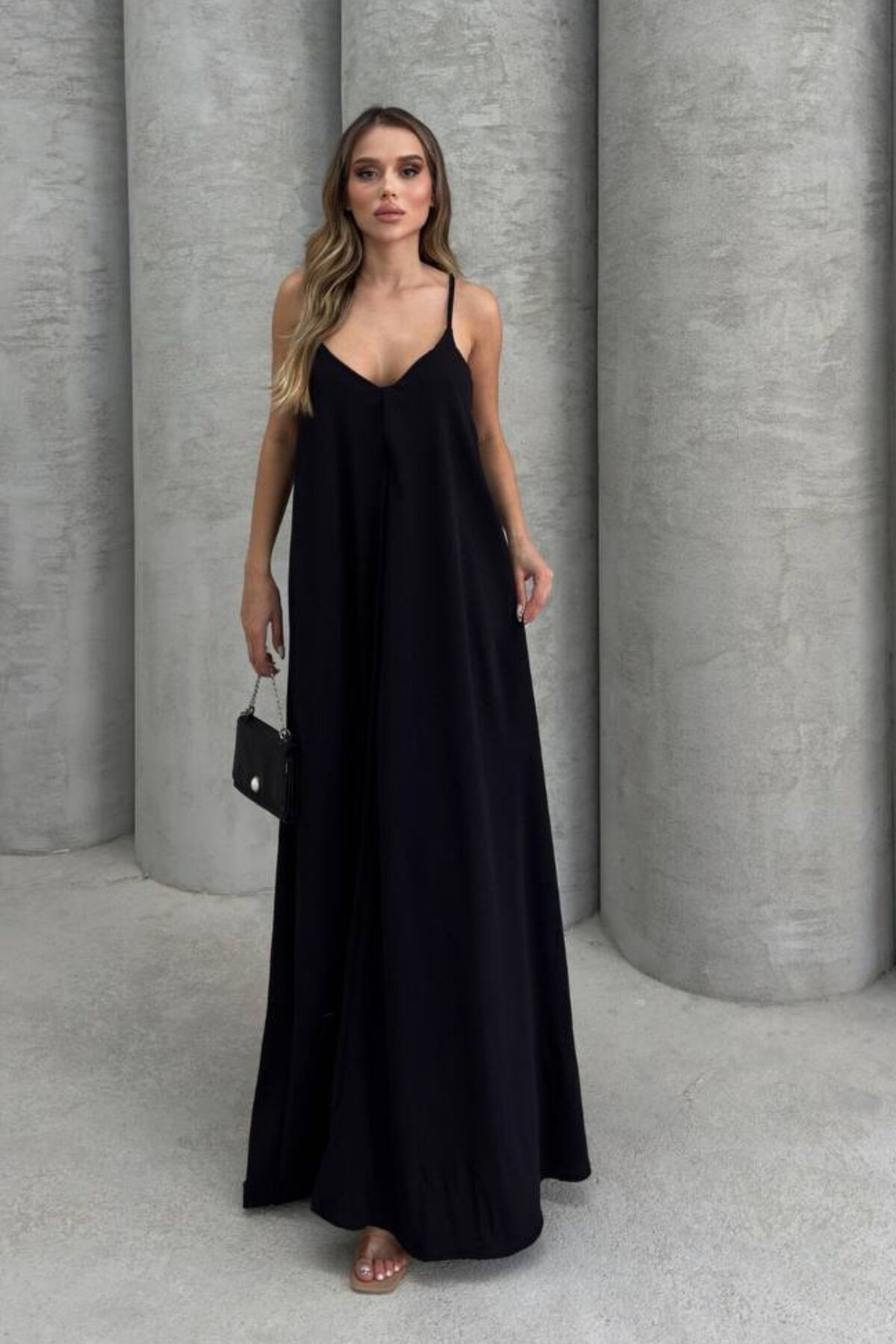 Balenbi Kadın Aerobin Kumaş Ayarlanabilir Askılı Uzun Elbise 1099 S - Siyah