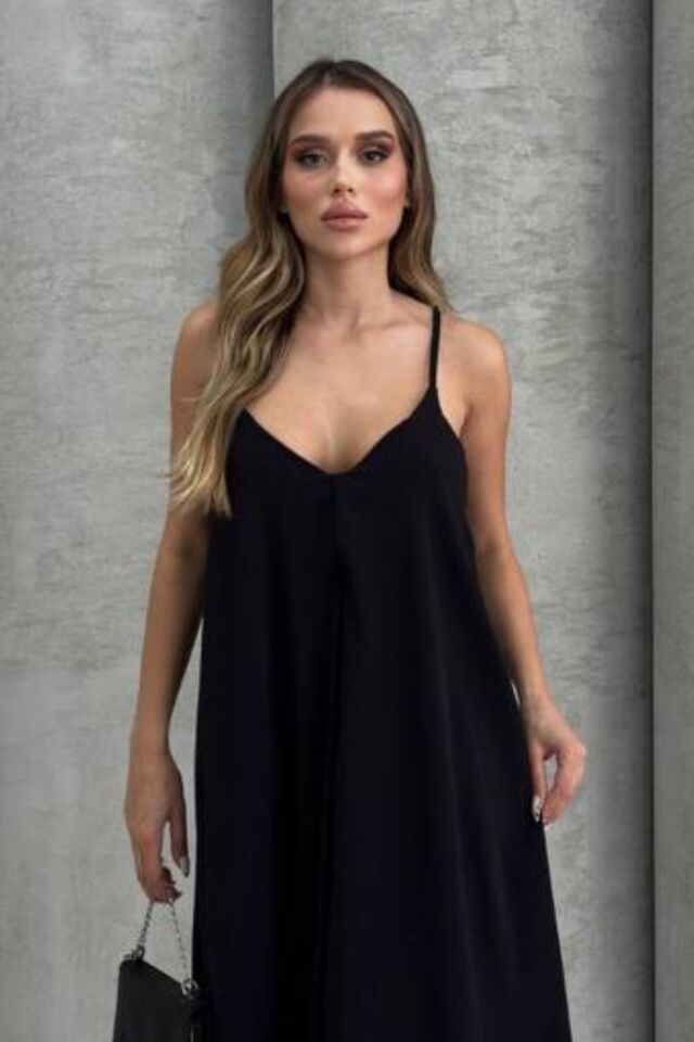 Balenbi Kadın Aerobin Kumaş Ayarlanabilir Askılı Uzun Elbise 1099 S - Siyah