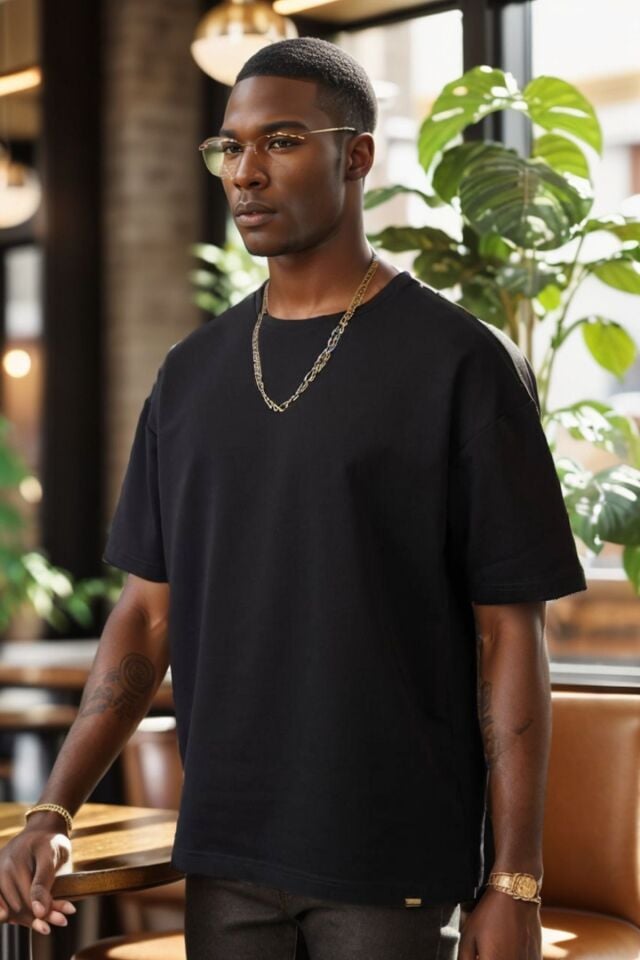 Balenbi Unisex Bisiklet Yaka 2 Iplik Basic Oversize Penye Tişört 1009 M - Black