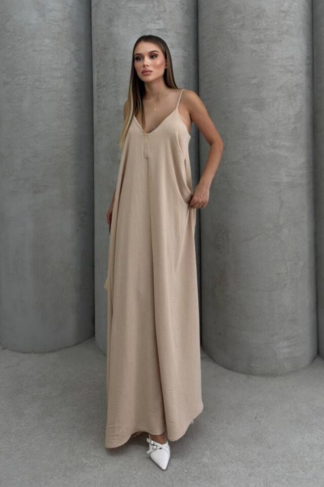 Balenbi Kadın Aerobin Kumaş Ayarlanabilir Askılı Uzun Elbise 1099 M - Bej