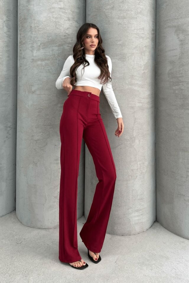 Balenbi 1079 Kadın Bej Yüksek Bel Toparlayıcı Ispanyol Paça Palazzo Pantolon 40 - Bordo