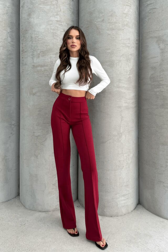 Balenbi 1079 Kadın Bej Yüksek Bel Toparlayıcı Ispanyol Paça Palazzo Pantolon 40 - Bordo