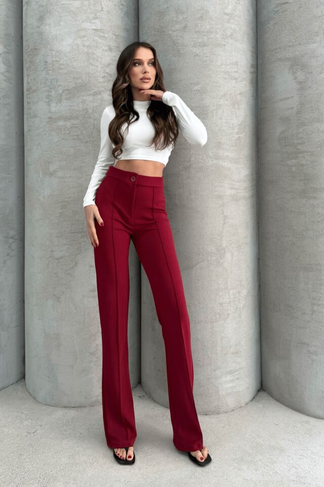 Balenbi 1079 Kadın Bej Yüksek Bel Toparlayıcı Ispanyol Paça Palazzo Pantolon 40 - Bordo