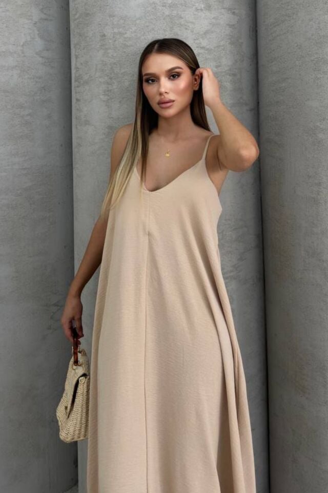 Balenbi Kadın Aerobin Kumaş Ayarlanabilir Askılı Uzun Elbise 1099 Bej - L