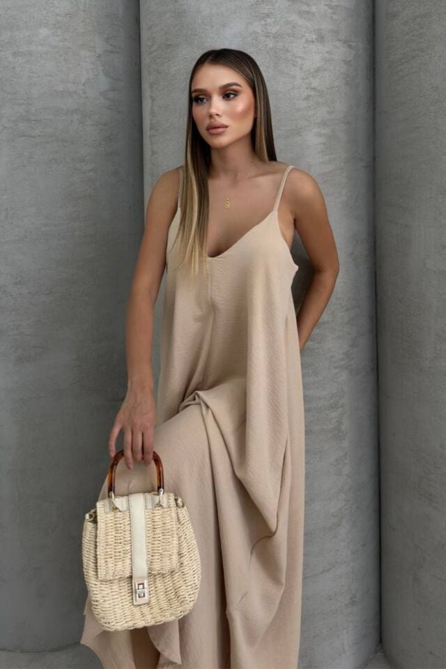 Balenbi Kadın Aerobin Kumaş Ayarlanabilir Askılı Uzun Elbise 1099 L - Bej