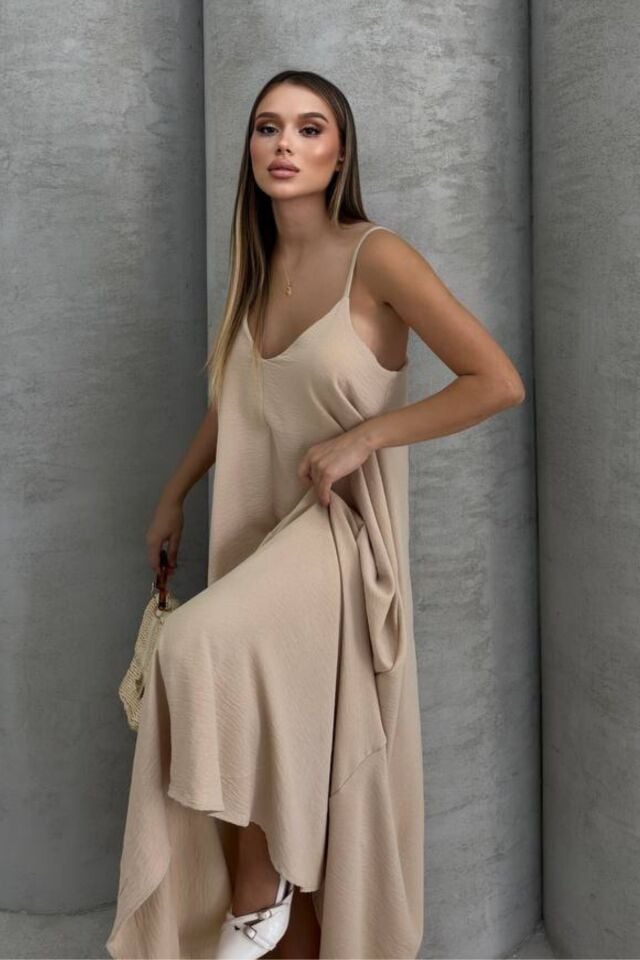 Balenbi Kadın Aerobin Kumaş Ayarlanabilir Askılı Uzun Elbise 1099 L - Bej