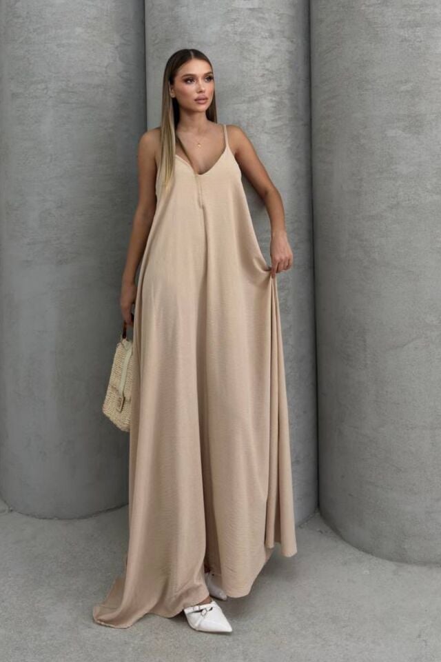 Balenbi Kadın Aerobin Kumaş Ayarlanabilir Askılı Uzun Elbise 1099 L - Bej