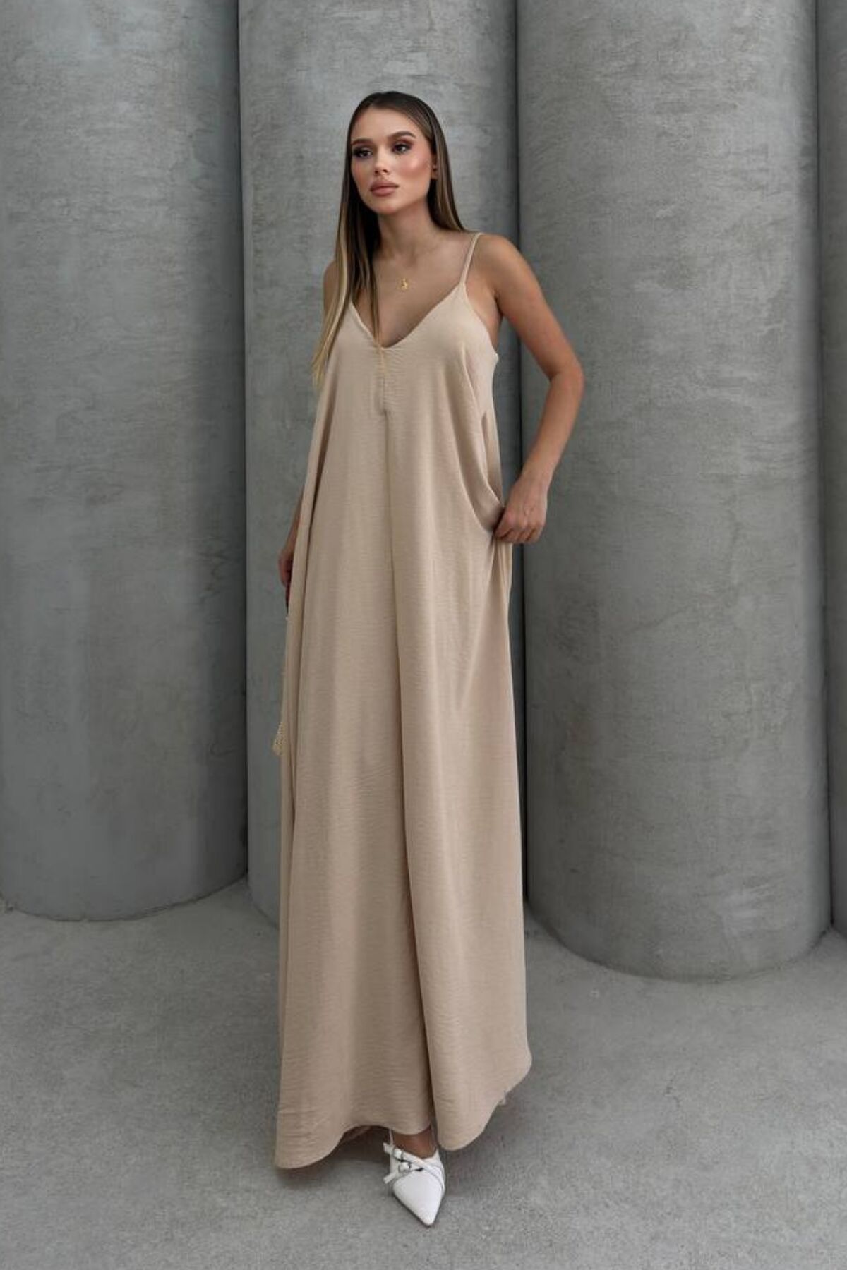 Balenbi Kadın Aerobin Kumaş Ayarlanabilir Askılı Uzun Elbise 1099 L - Bej