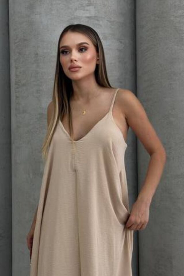 Balenbi Kadın Aerobin Kumaş Ayarlanabilir Askılı Uzun Elbise 1099 L - Bej