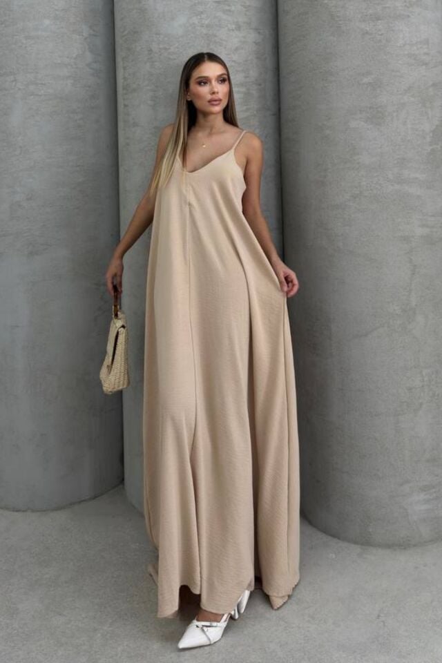 Balenbi Kadın Aerobin Kumaş Ayarlanabilir Askılı Uzun Elbise 1099 L - Bej