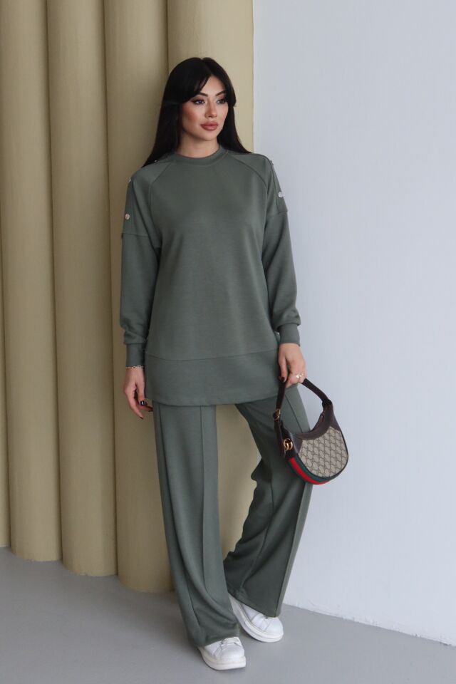 Balenbi Omuz Çıtçıt Detaylı Bisiklet Yaka Oversize Modal Tesettür Takım 1178 S - Haki