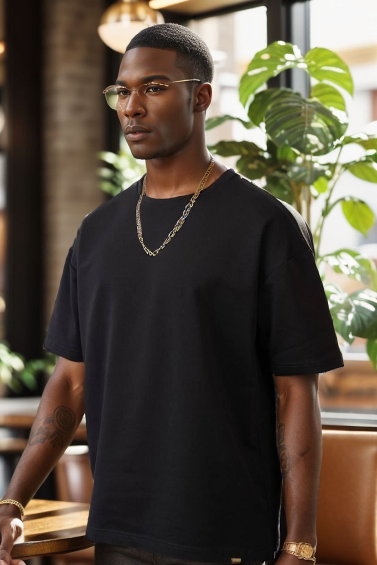 Balenbi Unisex Bisiklet Yaka 2 Iplik Basic Oversize Penye Tişört 1009 L - Black