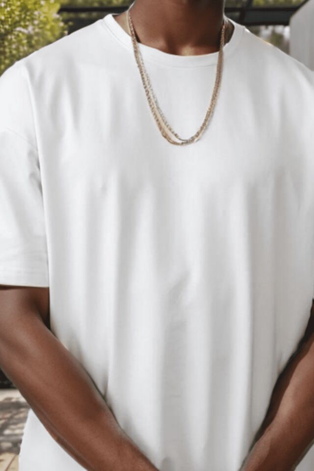 Balenbi Unisex Bisiklet Yaka 2 Iplik Basic Oversize Penye Tişört 1009 M - White