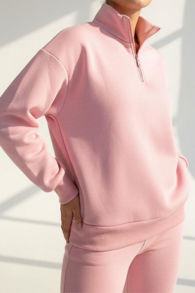 Kadın 3 İplik İçi Polarlı Yarım Fermuarlı Oversize Sweatshirt 1112 L - Somon