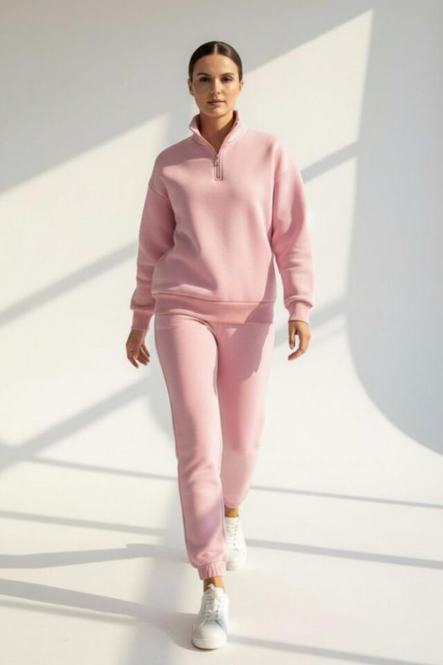 Kadın 3 İplik İçi Polarlı Yarım Fermuarlı Oversize Sweatshirt 1112 L - Somon