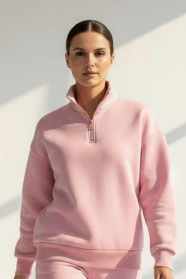 Kadın 3 İplik İçi Polarlı Yarım Fermuarlı Oversize Sweatshirt 1112 L - Somon