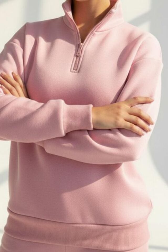 Kadın 3 İplik İçi Polarlı Yarım Fermuarlı Oversize Sweatshirt 1112 L - Somon