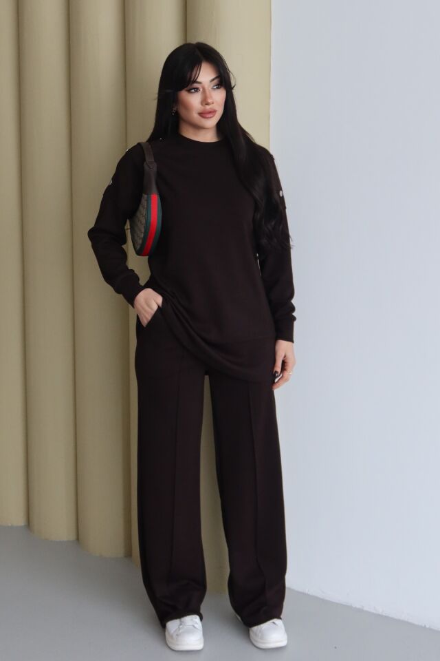 Balenbi Omuz Çıtçıt Detaylı Bisiklet Yaka Oversize Modal Tesettür Takım 1178 S - Kahverengi