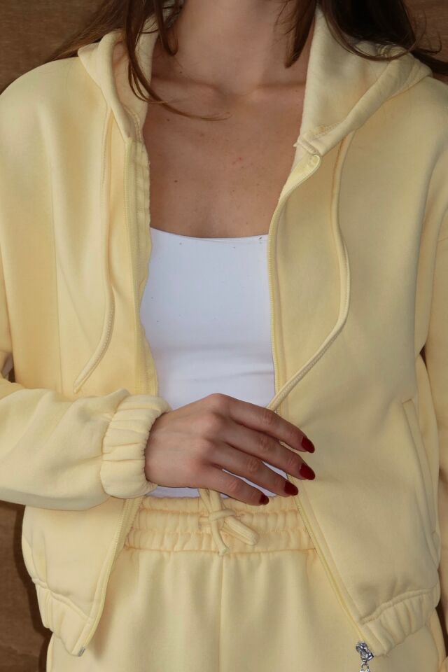 Balenbi Kadın 3 İplik İçi Polarlı Kapüşonlu Fermuarlı Kısa Hırka 1111 Sarı - M