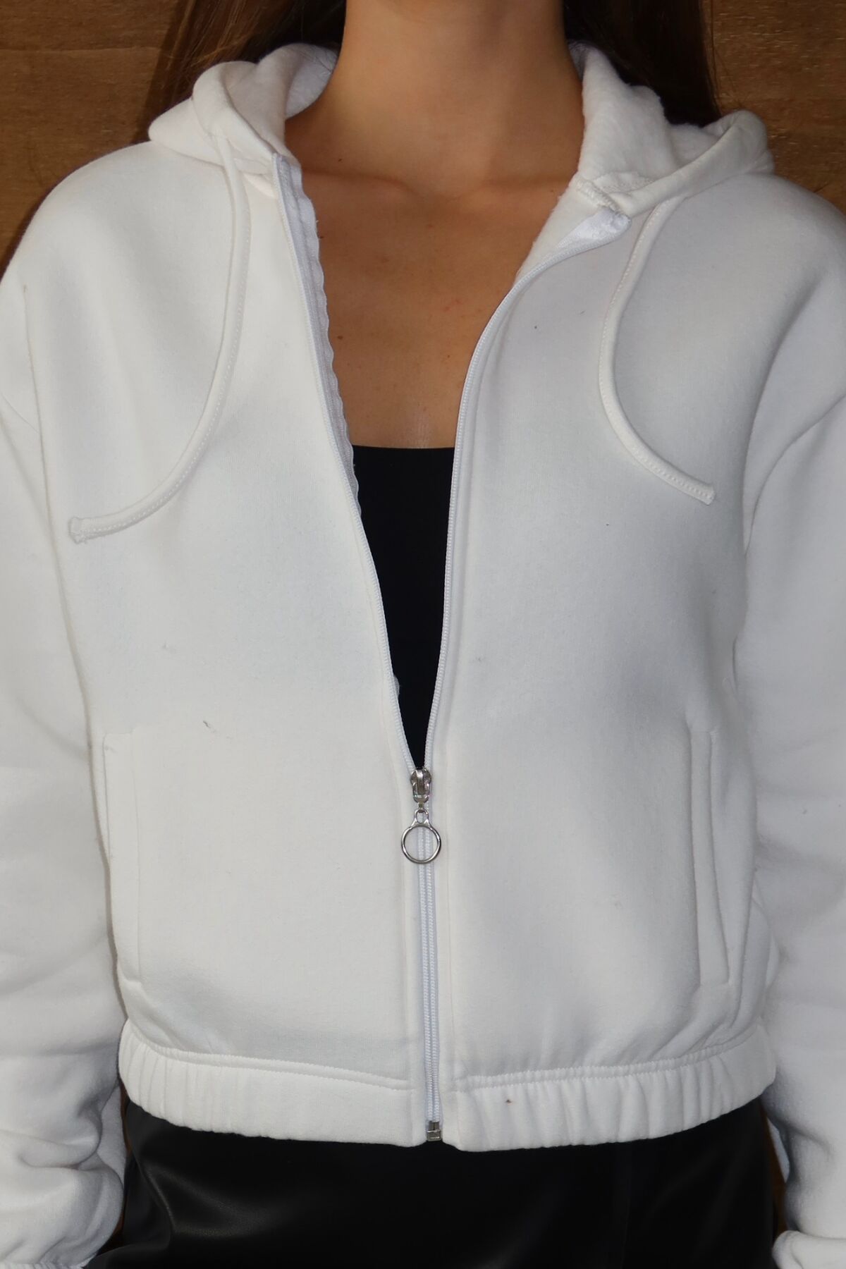 Balenbi Kadın 3 İplik İçi Polarlı Kapüşonlu Fermuarlı Kısa Hırka 1111 S - Ekru