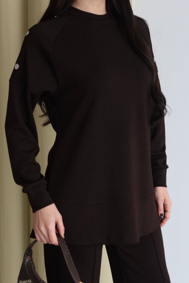 Balenbi Omuz Çıtçıt Detaylı Bisiklet Yaka Oversize Modal Tesettür Takım 1178 Kahverengi - XL