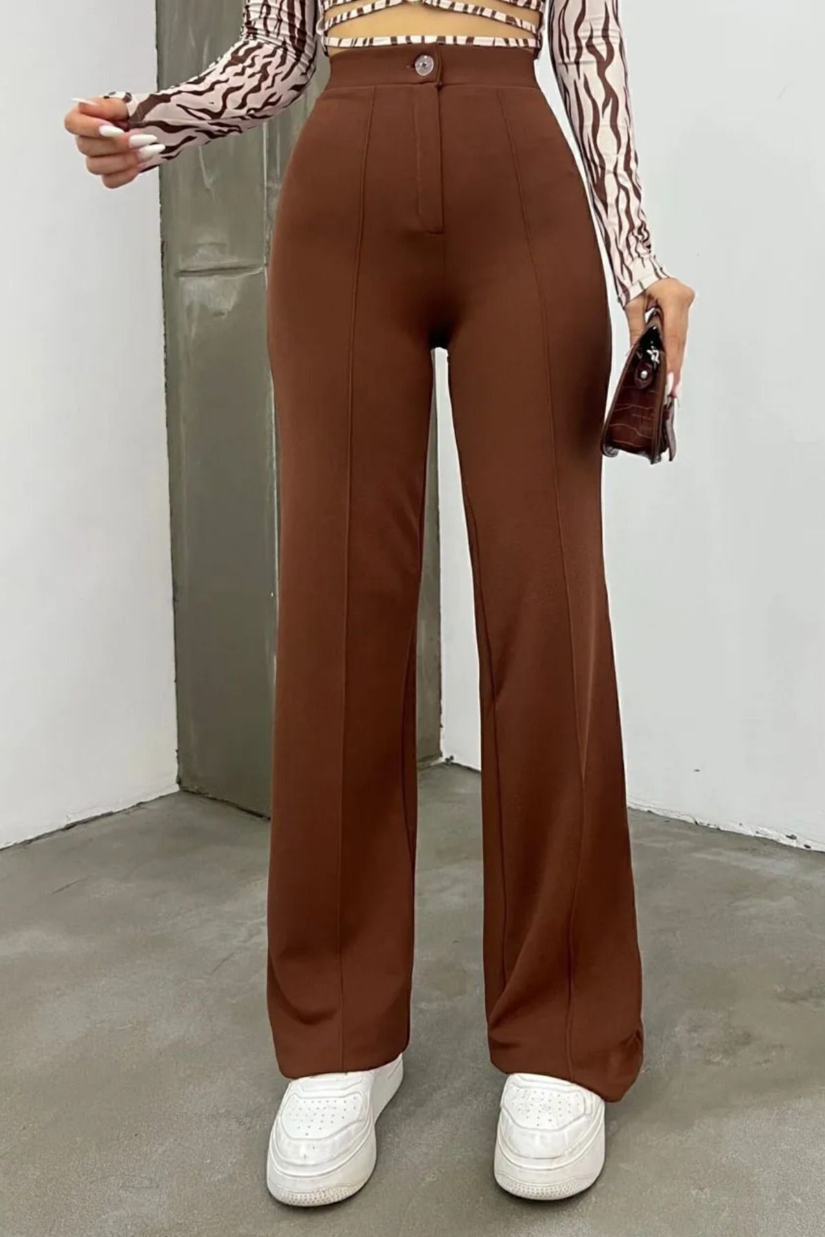 Balenbi 1079 Kadın Bej Yüksek Bel Toparlayıcı Ispanyol Paça Palazzo Pantolon 40 - Kahverengi