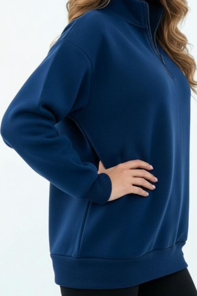 Kadın 3 İplik İçi Polarlı Yarım Fermuarlı Oversize Sweatshirt 1112 M - Lacivert