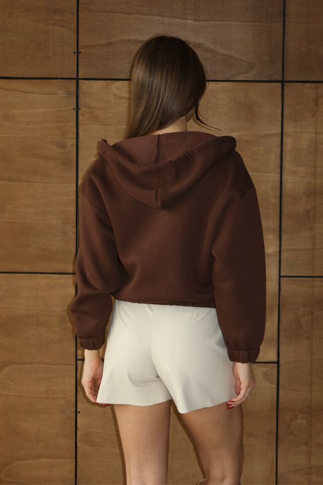 Balenbi Kadın 3 İplik İçi Polarlı Kapüşonlu Fermuarlı Kısa Hırka 1111 S - Kahverengi