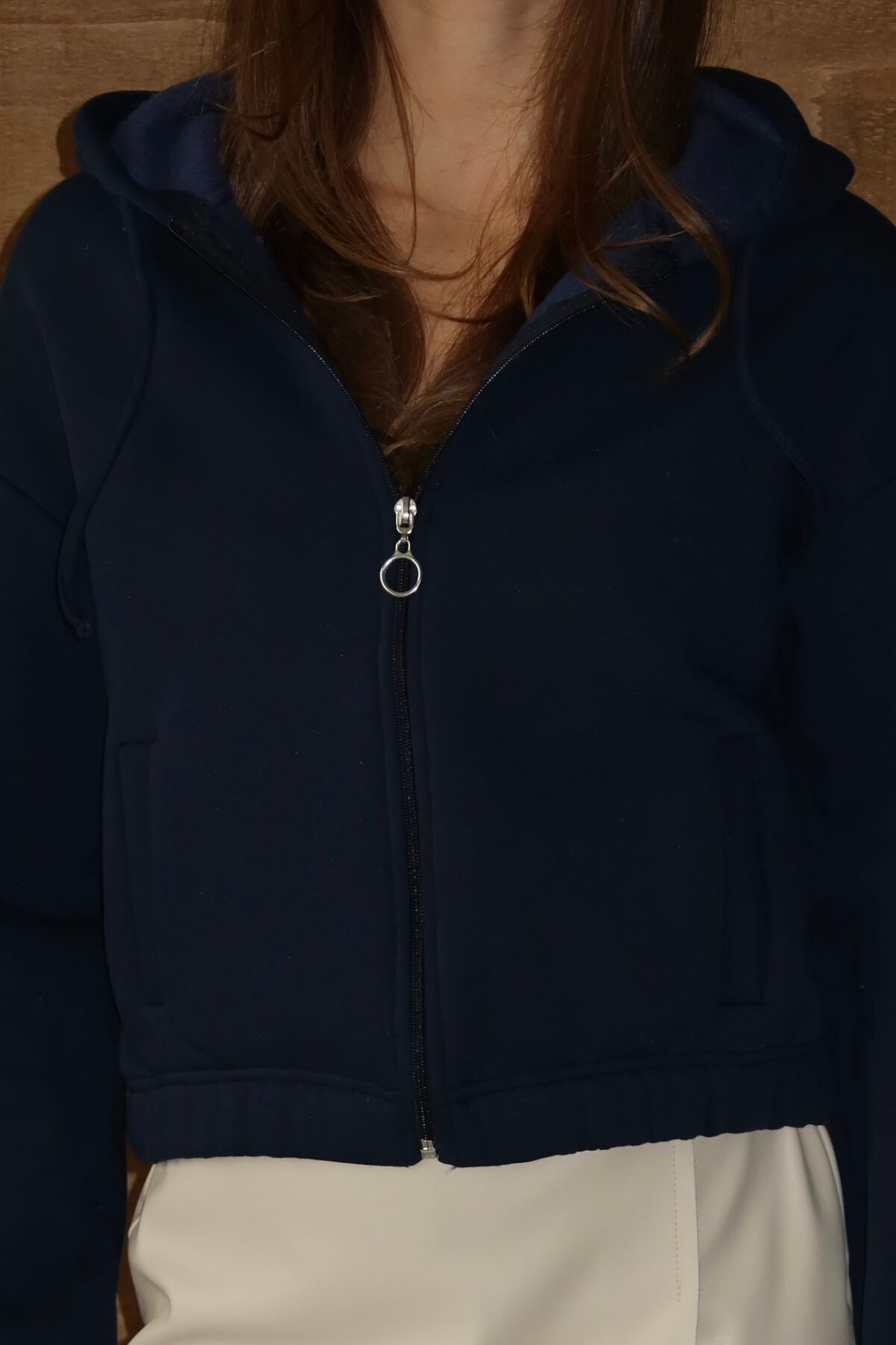 Balenbi Kadın 3 İplik İçi Polarlı Kapüşonlu Fermuarlı Kısa Hırka 1111 S - Lacivert